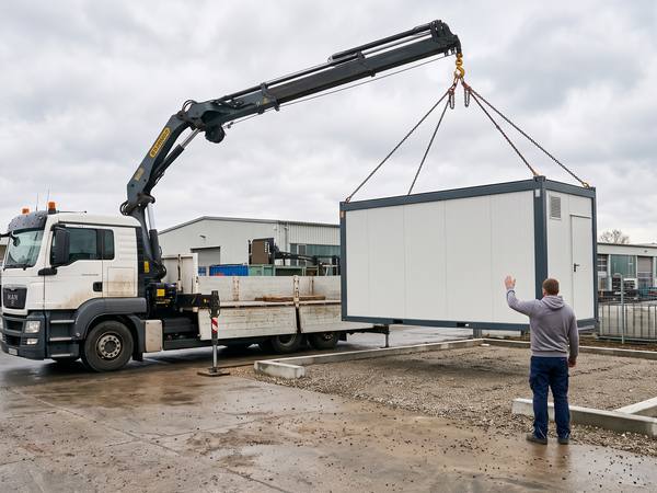LKW mit Ladekran setzt ein Containermodul auf einen vorbereiteten Untergrund