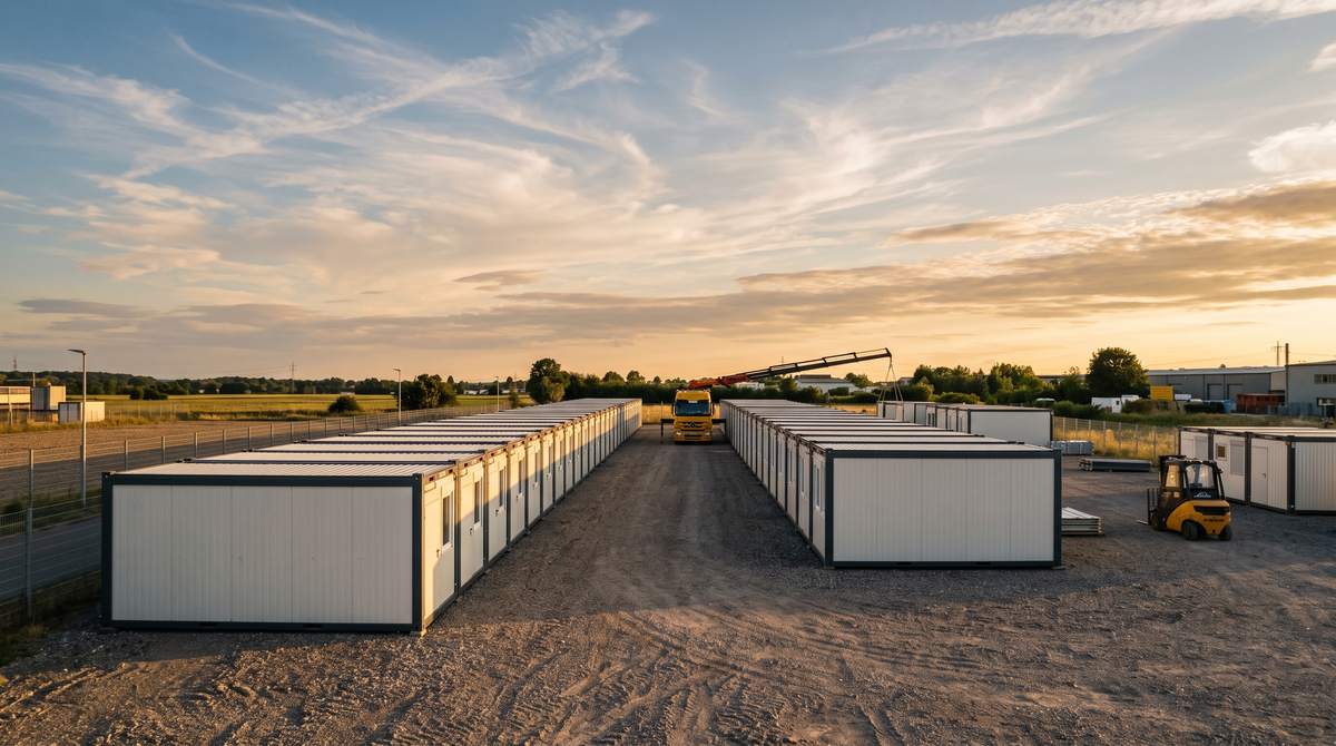 Hof mit zwei Reihen fertiger Raummodule im Abendlicht