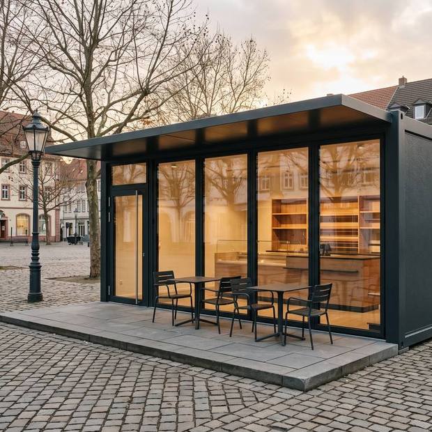 Modularer Verkaufspavillon mit Glasfront an einem Marktplatz
