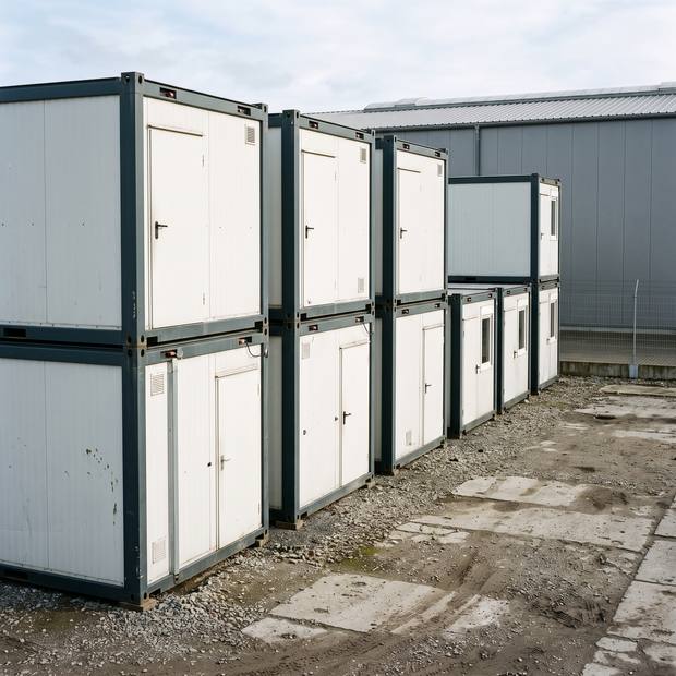 Lagerhof mit acht fertigen Containermodulen in zwei Reihen